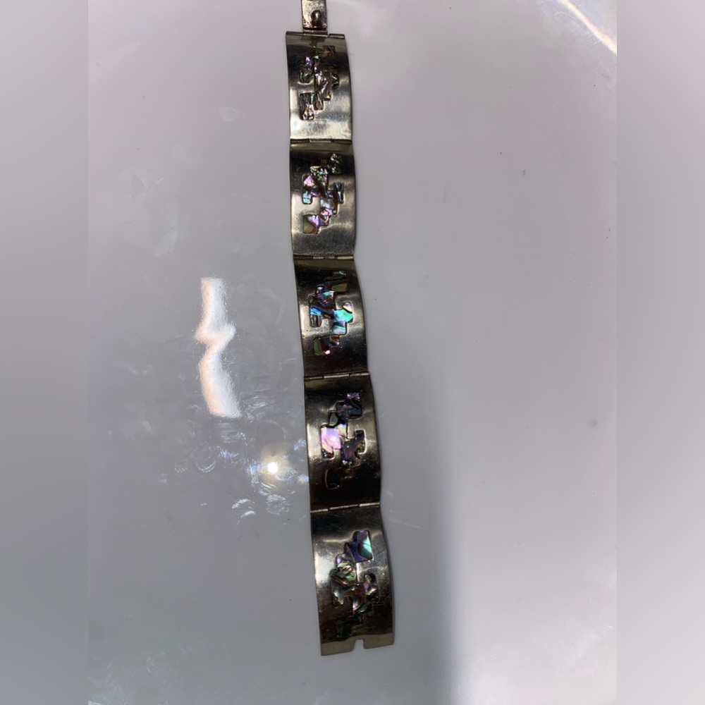 Vintage silvertone metal wide hinges bracelet abalone shell inlay hook clasp